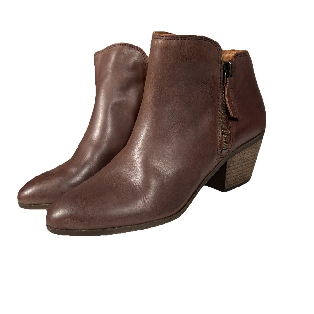 Frye Bootie Womens 6.5 Brown Reina Short Zip Leather Heel Ankle Boot